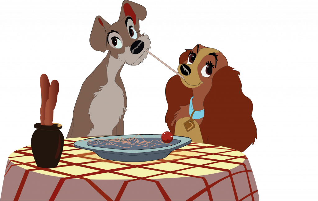 Un dessin de deux chiens mangeant des spaghettis de La Belle et le Clochard